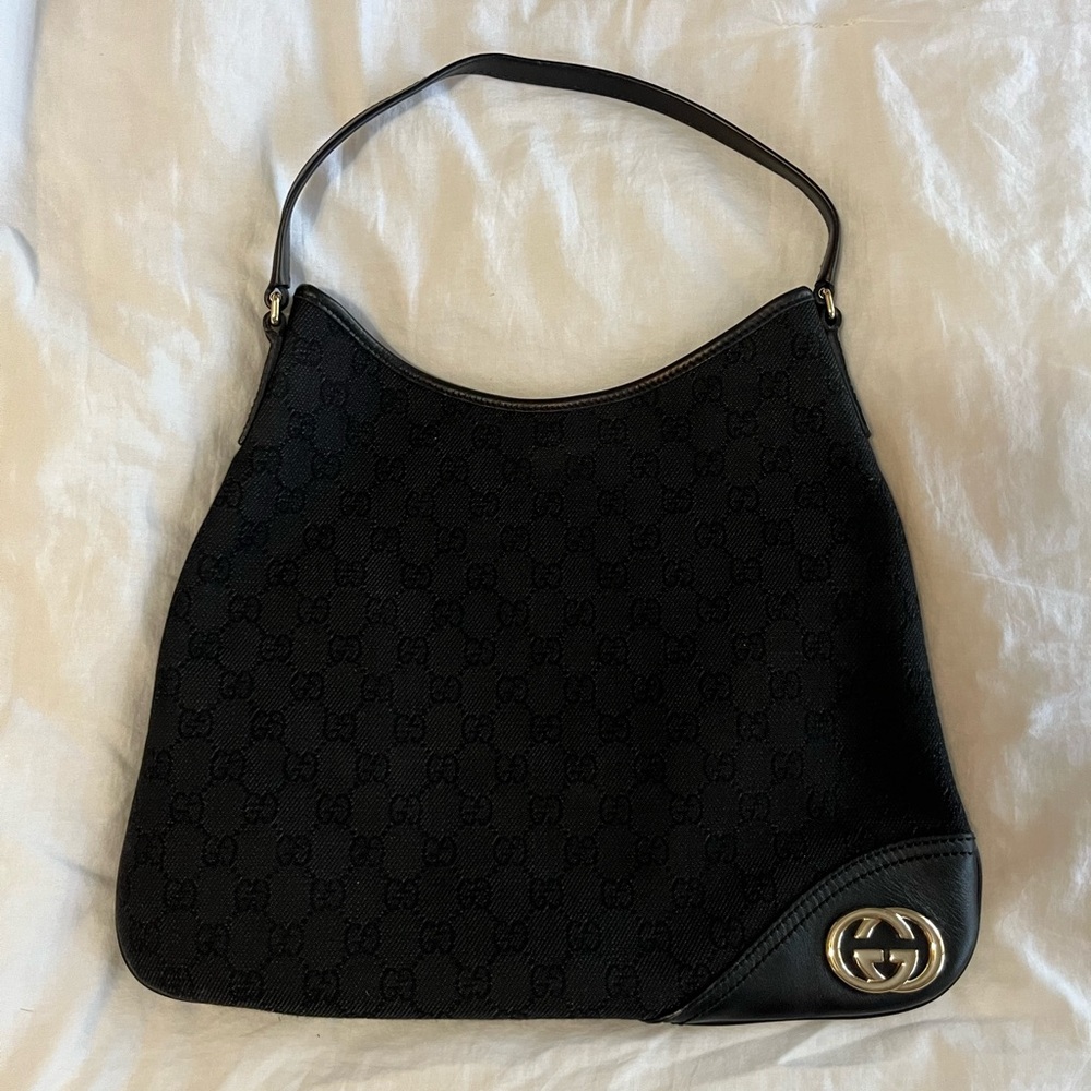 GUCCI Monogram Britt Black Shoulder Hobo Bag